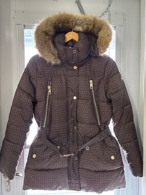 Michael Kors Brown Quilted Puffer Coat with Faux Fur Hood